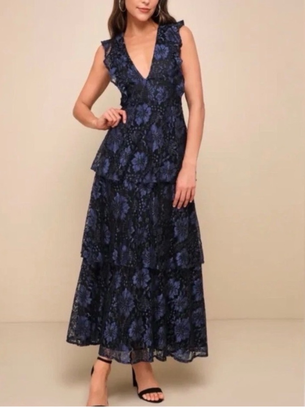 Lulu's Navy & Indigo Floral Lace Tiered V-Neck Maxi Dress